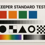 A horizontal digital image displaying the Keeper Standard Test chart with color blocks, gradients, and grayscale patterns used for evaluating visual quality