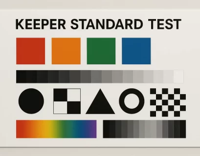 A horizontal digital image displaying the Keeper Standard Test chart with color blocks, gradients, and grayscale patterns used for evaluating visual quality