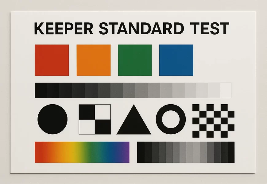 A horizontal digital image displaying the Keeper Standard Test chart with color blocks, gradients, and grayscale patterns used for evaluating visual quality