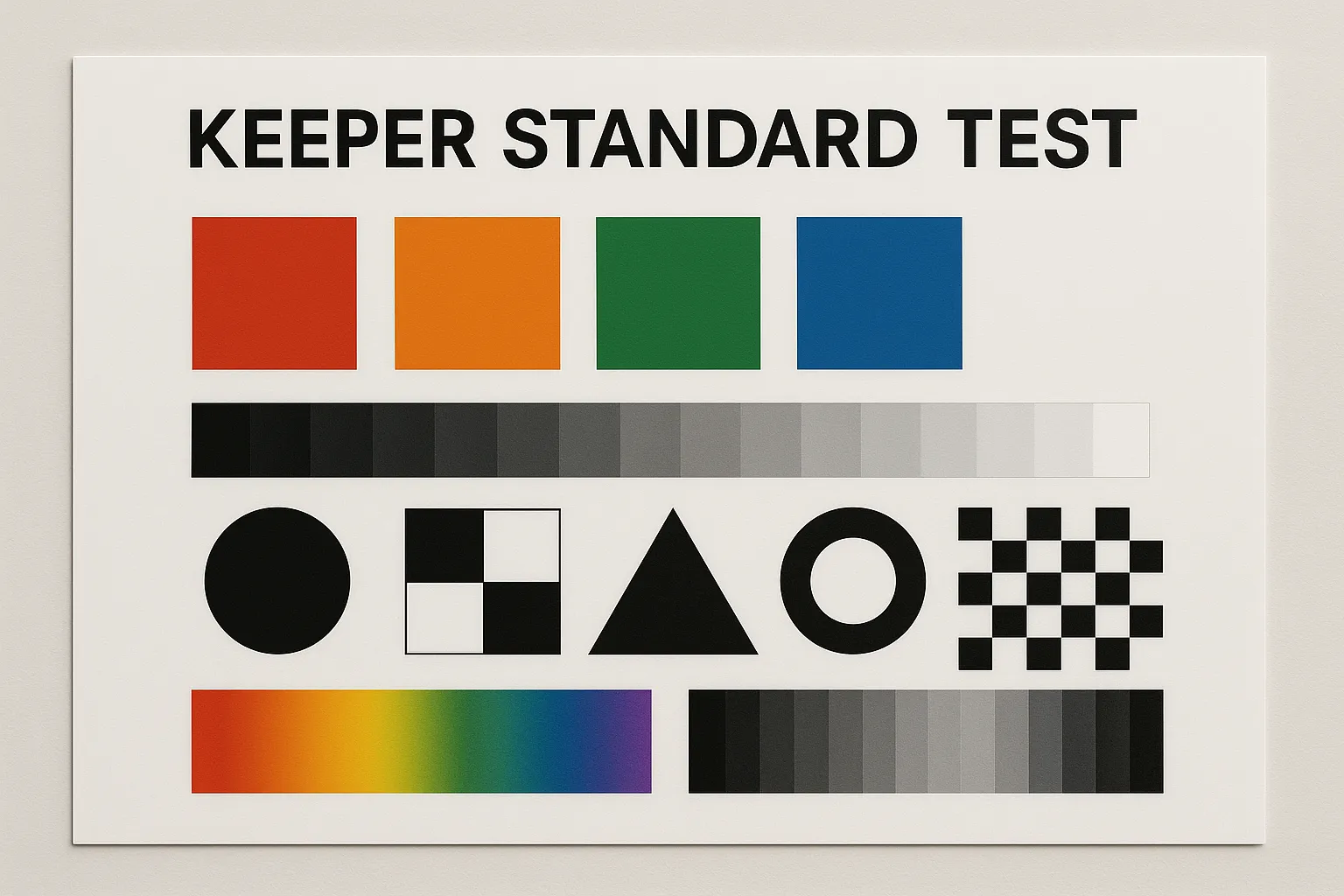 A horizontal digital image displaying the Keeper Standard Test chart with color blocks, gradients, and grayscale patterns used for evaluating visual quality