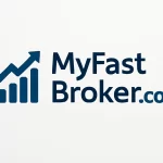 Logo design for MyFastBroker.com featuring a dark blue arrow and bar chart, with the company name in modern sans-serif font