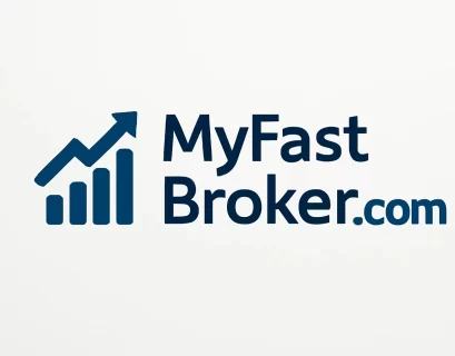 Logo design for MyFastBroker.com featuring a dark blue arrow and bar chart, with the company name in modern sans-serif font