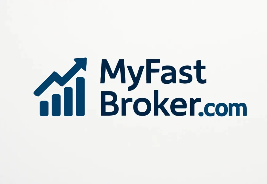 Logo design for MyFastBroker.com featuring a dark blue arrow and bar chart, with the company name in modern sans-serif font