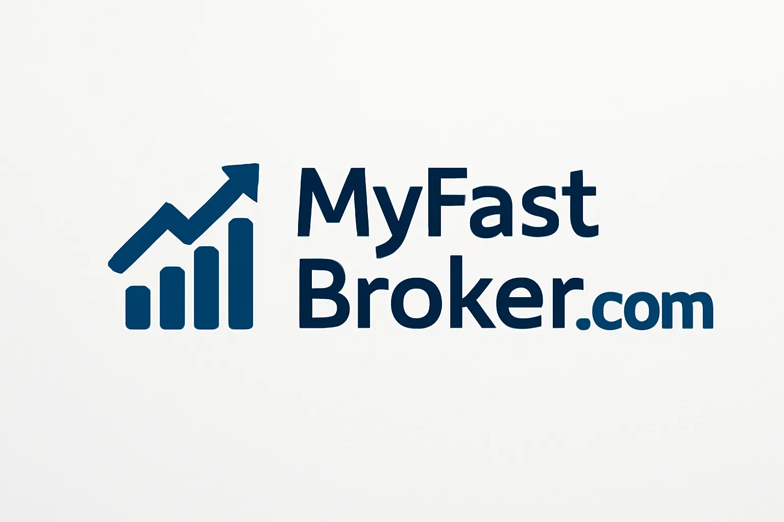 Logo design for MyFastBroker.com featuring a dark blue arrow and bar chart, with the company name in modern sans-serif font